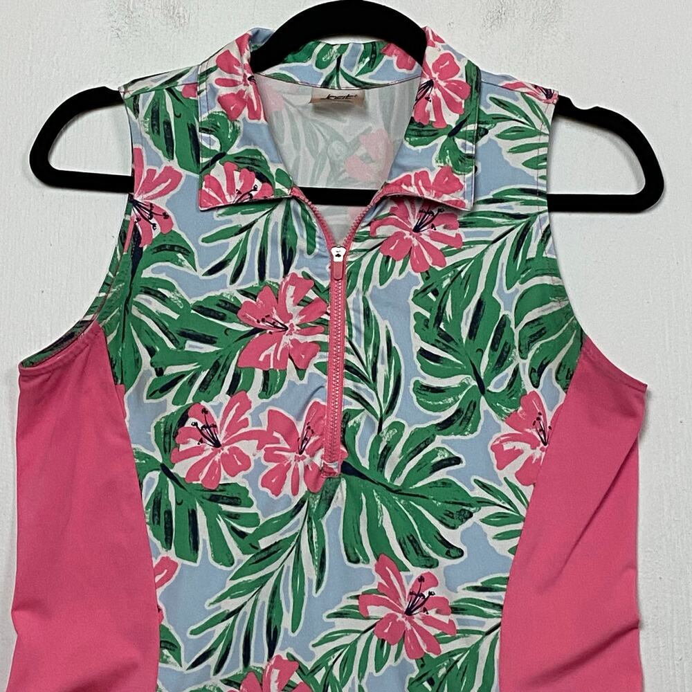 Jofit Women's Pink Green Hibiscus Print Sleeveless Golf Active Dress Size Small - Picture 2 of 9